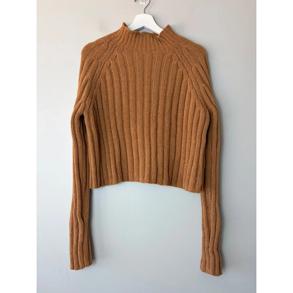 American Eagle Chenille Mock Neck Ribbed Crop Sweater Caramel Brown Women' Med